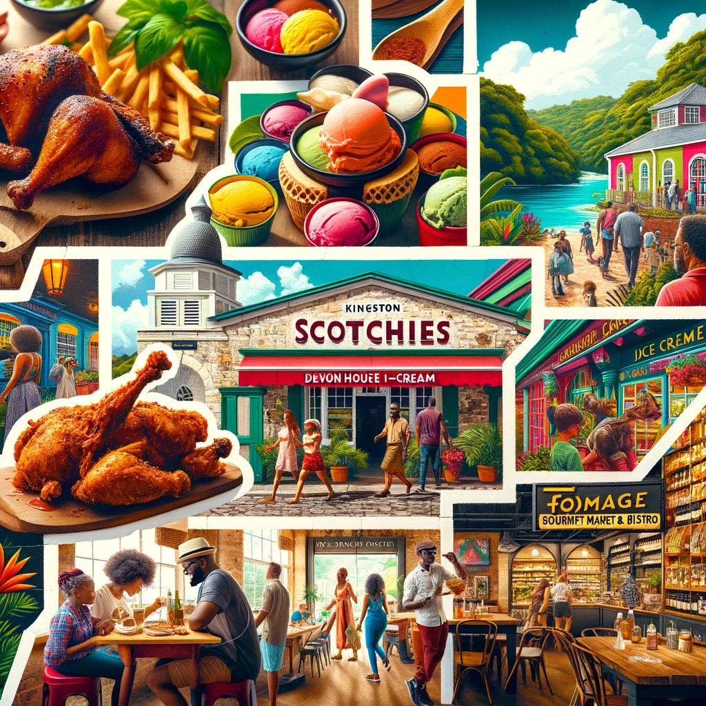 Image of a vibrant food market in Kingston, Jamaica, showcasing various local dishes and drinks from top culinary spots in the city.